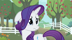 Size: 854x475 | Tagged: safe, screencap, character:rarity, species:pony, species:unicorn, episode:simple ways, g4, my little pony: friendship is magic, cute, female, floppy ears, frown, looking back, mare, plot, raribetes, sad, solo