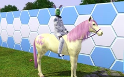 Size: 1440x896 | Tagged: safe, screencap, character:fluttershy, oc, oc:anon, species:human, bunny ears, green man, hoers, horse, humans riding ponies, missing wing, pets, riding, space suit, the sims, the sims 3, the sims 3 pets