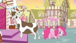 Size: 853x480 | Tagged: safe, screencap, character:daisy jo, character:pinkie pie, species:cow, species:earth pony, species:pony, episode:a friend in deed, g4, my little pony: friendship is magic, cloven hooves, female, mare, out of context, udder