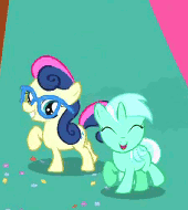 Size: 170x190 | Tagged: safe, screencap, character:bon bon, character:lyra heartstrings, character:sweetie drops, episode:pinkie pride, g4, my little pony: friendship is magic, adorabon, animated, best friends, cute, dancing, eyes closed, female, filly, filly lyra, friendshipping, glasses, grin, happy, lyrabetes, ponies standing next to each other, raised hoof, raised leg, smiling, twisted bon bon, weapons-grade cute, younger