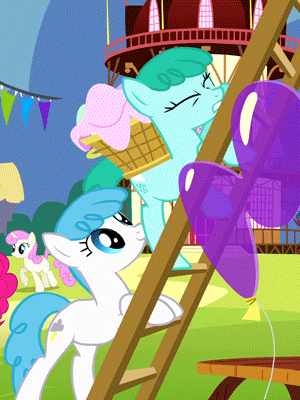 Size: 300x400 | Tagged: safe, screencap, character:spring melody, character:sprinkle medley, character:twinkleshine, character:white lightning, species:earth pony, species:pony, episode:pinkie pride, g4, my little pony: friendship is magic, :o, animated, animation error, background pony, balloon, climbing, eyes closed, female, gritted teeth, headbutt, ladder, mare, out of context, pushing, rump push, smiling, struggling, surprised, wingless