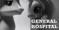 Size: 1363x696 | Tagged: safe, screencap, character:princess cadance, character:shining armor, black and white, brushable, frozen, general hospital, grayscale, soap opera, toy