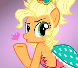 Size: 500x436 | Tagged: safe, screencap, character:applejack, episode:simple ways, g4, my little pony: friendship is magic, applejewel, duckface, heart, looking at you, pouting, raised eyebrow, solo