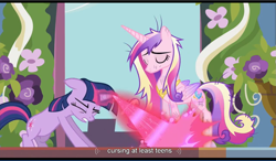Size: 1279x748 | Tagged: safe, screencap, character:princess cadance, character:twilight sparkle, species:alicorn, species:pony, species:unicorn, episode:a canterlot wedding, g4, my little pony: friendship is magic, curse, female, mare, youtube caption