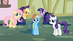 Size: 1366x768 | Tagged: safe, screencap, character:applejack, character:fluttershy, character:rainbow dash, character:rarity, character:twilight sparkle, episode:the mysterious mare do well, g4, my little pony: friendship is magic
