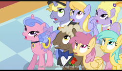 Size: 1279x745 | Tagged: safe, screencap, character:cloud kicker, character:dizzy twister, character:lyrica lilac, character:orange swirl, character:ponet, character:royal ribbon, character:sealed scroll, character:sunshower raindrops, episode:a canterlot wedding, g4, my little pony: friendship is magic, crowd, youtube caption