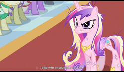 Size: 1279x745 | Tagged: safe, screencap, character:dark moon, character:eclair créme, character:fine line, character:graphite, character:north star (g4), character:princess cadance, episode:a canterlot wedding, g4, my little pony: friendship is magic, background pony, charm, crowd, masquerade, youtube caption