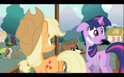 Size: 1680x1050 | Tagged: safe, screencap, character:applejack, character:twilight sparkle, character:winona, episode:may the best pet win, g4, my little pony: friendship is magic, youtube caption