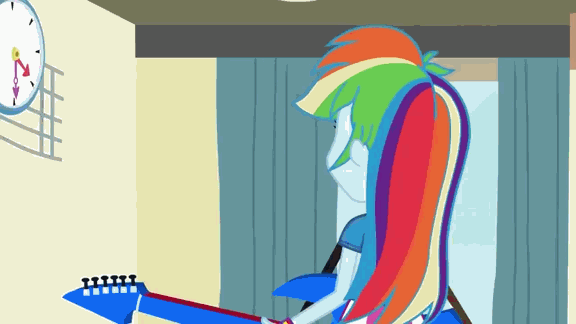 Size: 576x324 | Tagged: safe, screencap, character:rainbow dash, equestria girls:rainbow rocks, g4, my little pony:equestria girls, animated, clock, guitar, rainbow thrash, solo
