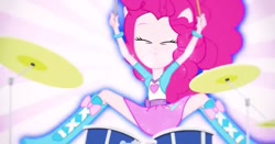 Size: 637x334 | Tagged: safe, screencap, character:pinkie pie, equestria girls:rainbow rocks, g4, my little pony:equestria girls, balloon, boots, bracelet, clothing, drum kit, drums, high heel boots, jewelry, musical instrument, skirt, solo, upskirt denied