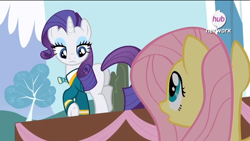 Size: 638x359 | Tagged: safe, screencap, character:fluttershy, character:rarity, species:pony, episode:filli vanilli, g4, my little pony: friendship is magic, :o, female, mare, plot, ponytones outfit, stage