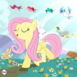 Size: 550x550 | Tagged: safe, official, screencap, character:angel bunny, character:fluttershy, species:bird, species:duck, species:mallard, species:pegasus, species:pony, species:rabbit, episode:filli vanilli, g4, my little pony: friendship is magic, blue jay, duckling, female, house finch, hub logo, hub network, male, mare, songbird, the hub