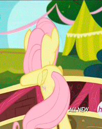Size: 200x253 | Tagged: safe, screencap, character:fluttershy, species:pony, episode:filli vanilli, g4, my little pony: friendship is magic, animated, behind, bipedal leaning, bridge, butt shake, dancing, female, hub logo, mare, plot, shake, solo, twerking