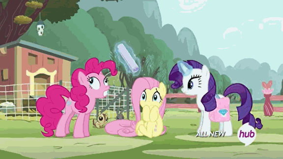 Size: 576x324 | Tagged: safe, screencap, character:fluttershy, character:pinkie pie, character:rarity, species:earth pony, species:pegasus, species:pony, species:unicorn, episode:filli vanilli, g4, my little pony: friendship is magic, :q, animated, bad pinkie, bad pony, bird house, blep, blinking, cowering, cute, derp, diapinkes, eyes closed, female, frown, glare, grin, gritted teeth, head shake, hitting, hub logo, hubble, levitation, magic, mare, newspaper, saddle bag, scared, shivering, smiling, swatting, talking, telekinesis, the hub, tongue out, trembling, wide eyes