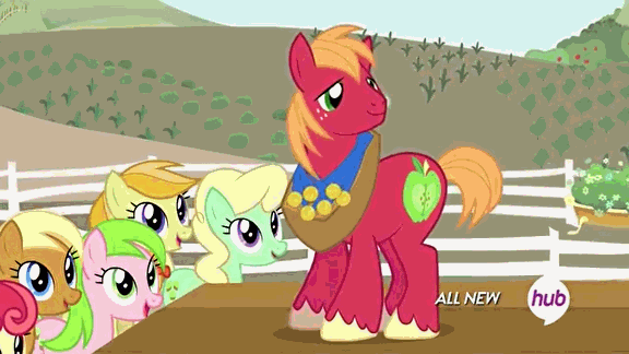 Size: 576x324 | Tagged: safe, screencap, character:apple bumpkin, character:apple cobbler, character:apple honey, character:big mcintosh, character:jonagold, character:pinkie pie, character:red gala, species:earth pony, species:pony, episode:filli vanilli, g4, my little pony: friendship is magic, animated, apple family member, hub logo, hubble, male, medal, medals, soon, stallion, the hub