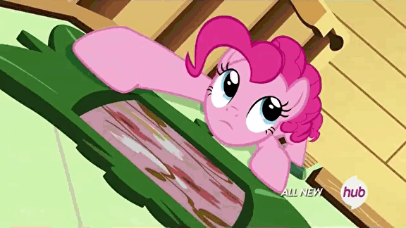 Size: 576x324 | Tagged: safe, screencap, character:pinkie pie, episode:filli vanilli, g4, my little pony: friendship is magic, all new, animated, climbing, fluttershy's cottage, frown, glare, high angle, how, hub logo, hubble, in which pinkie pie forgets how to gravity, open mouth, pinkie being pinkie, pinkie physics, solo, spidermare, talking, text, the hub, wall climbing, wide eyes