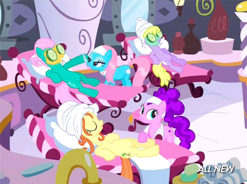 Size: 490x365 | Tagged: safe, screencap, character:bella brella, character:cloud kicker, character:lotus blossom, character:ocean dream, episode:filli vanilli, g4, my little pony: friendship is magic, animated, cucumber, grin, hoof tapping, lidded eyes, massage, mud mask, on back, smiling, spa, towel, working