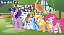 Size: 691x384 | Tagged: safe, screencap, character:applejack, character:pinkie pie, character:rainbow dash, character:rarity, character:twilight sparkle, character:twilight sparkle (alicorn), species:alicorn, species:pony, /mlp/, equestria daily, episode:filli vanilli, g4, my little pony: friendship is magic, female, image macro, mare, meme, metaphor, open mouth, ponychan, reaction image, reddit, shock, smiling, tumblr, varying degrees of want