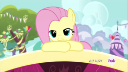 Size: 1920x1080 | Tagged: safe, screencap, character:fluttershy, episode:filli vanilli, g4, my little pony: friendship is magic, bridge, cute, hub logo, leaning, lidded eyes, looking at you, observer, smiling, solo