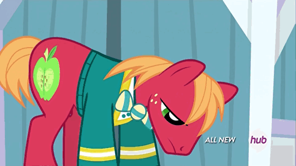 Size: 576x324 | Tagged: safe, screencap, character:big mcintosh, character:rarity, species:earth pony, species:pony, episode:filli vanilli, g4, my little pony: friendship is magic, animated, bow tie, clothing, dressing, hub logo, hubble, magic, male, stallion, the hub