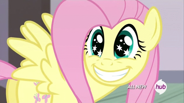 Size: 630x354 | Tagged: safe, screencap, character:fluttershy, episode:filli vanilli, g4, my little pony: friendship is magic, animated, cute, eye shimmer, faec, grin, hub logo, shyabetes, smiling, solo, spread wings, squee, starry eyes, weapons-grade cute, wingding eyes, wings