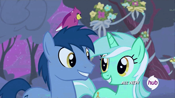 Size: 576x324 | Tagged: safe, screencap, character:blues, character:lyra heartstrings, character:noteworthy, species:bird, species:earth pony, species:pony, species:unicorn, episode:filli vanilli, g4, my little pony: friendship is magic, animated, background pony, cardinal, duo, female, flower, hub logo, hubble, male, mare, ponies standing next to each other, songbird, stallion, the hub