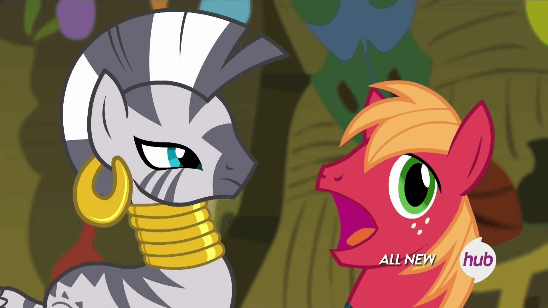 Size: 1920x1080 | Tagged: safe, screencap, character:big mcintosh, character:zecora, species:earth pony, species:pony, species:zebra, episode:filli vanilli, g4, my little pony: friendship is magic, animated, big mac's big mouth, exploitable meme, frown, hoof hold, hub logo, male, meme, open mouth, stallion