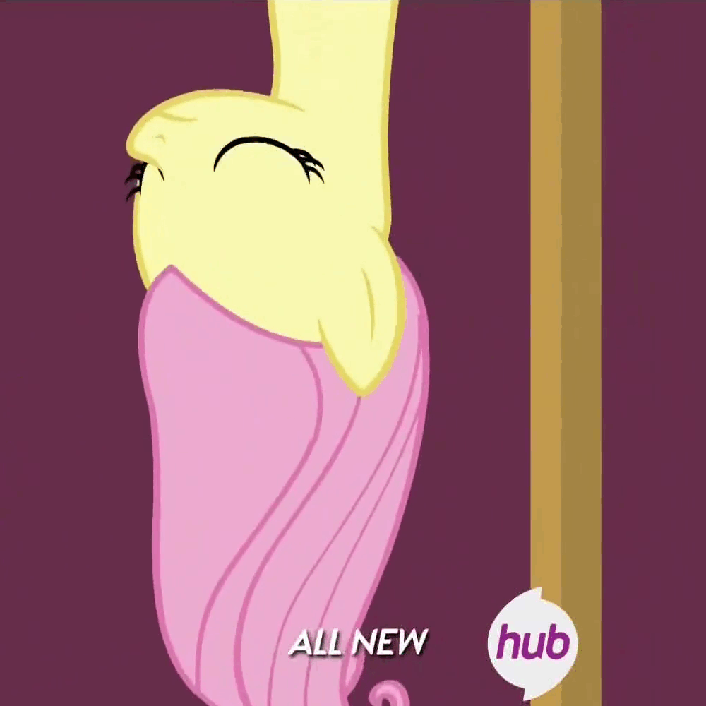Size: 1000x1000 | Tagged: safe, screencap, character:fluttershy, episode:filli vanilli, g4, my little pony: friendship is magic, animated, hanging, hub logo, implied flutterbat, solo, upside down
