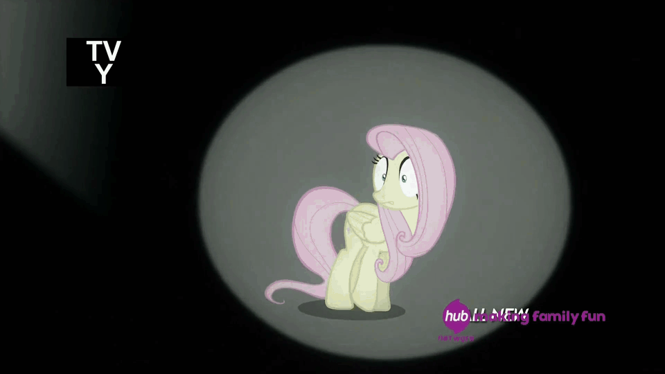 Size: 960x540 | Tagged: safe, screencap, character:fluttershy, episode:filli vanilli, g4, my little pony: friendship is magic, animated, hub logo, panic attack, scared, solo, spotlight, stage fright