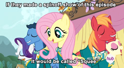 Size: 1171x643 | Tagged: safe, screencap, character:big mcintosh, character:fluttershy, character:rarity, character:toe-tapper, character:torch song, species:earth pony, species:pony, episode:filli vanilli, g4, my little pony: friendship is magic, bottomless, clothing, glee, image macro, male, meme, partial nudity, squee, stallion, sweater, sweatershy