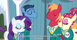 Size: 1152x609 | Tagged: safe, screencap, character:big mcintosh, character:rarity, character:toe-tapper, character:torch song, species:earth pony, species:pony, episode:filli vanilli, g4, my little pony: friendship is magic, male, meme, stallion, youtube caption