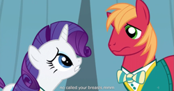 Size: 1151x609 | Tagged: safe, screencap, character:big mcintosh, character:rarity, species:earth pony, species:pony, episode:filli vanilli, g4, my little pony: friendship is magic, male, meme, stallion, youtube caption