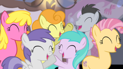 Size: 1366x768 | Tagged: safe, screencap, character:aura, character:candy mane, character:carrot top, character:cherry berry, character:golden harvest, character:lucky clover, character:tornado bolt, episode:filli vanilli, episode:sisterhooves social, g4, my little pony: friendship is magic, candy, mane candy, sweets
