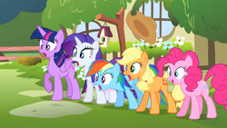 Size: 1920x1080 | Tagged: safe, screencap, character:applejack, character:pinkie pie, character:rainbow dash, character:rarity, character:twilight sparkle, character:twilight sparkle (alicorn), species:alicorn, species:pony, episode:filli vanilli, g4, my little pony: friendship is magic, cartoony, clothing, excited, female, floating hat, hat, house, mare, shocked, surprised