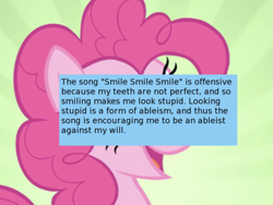Size: 500x375 | Tagged: safe, screencap, character:pinkie pie, ableism, meta, offensive ponies, smile song, text