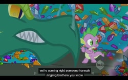 Size: 640x400 | Tagged: safe, screencap, character:spike, species:dragon, episode:owl's well that ends well, g4, my little pony: friendship is magic, ei, green dragon, hub logo, reginald, youtube caption