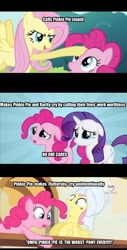 Size: 450x888 | Tagged: safe, screencap, character:fluttershy, character:rarity, episode:filli vanilli, episode:putting your hoof down, g4, my little pony: friendship is magic, season 4, crying, double standard, downvote bait, drama, op is a duck, op is trying to start shit, op started shit, pinkie drama, response, scrunchy face, season 2