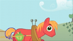 Size: 853x480 | Tagged: safe, official, screencap, character:big mcintosh, species:earth pony, species:pony, episode:the ticket master, g4, my little pony: friendship is magic, behind the scenes, cute, deleted scene, grin, macabetes, male, smiling, solo, stallion, sweet apple acres