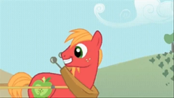 Size: 853x480 | Tagged: safe, official, screencap, character:big mcintosh, species:earth pony, species:pony, episode:the ticket master, g4, my little pony: friendship is magic, cute, deleted scene, grin, happy, macabetes, male, smiling, solo, stallion, sweet apple acres