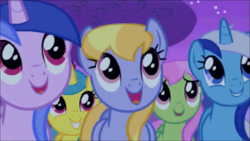 Size: 853x480 | Tagged: safe, official, screencap, character:amethyst star, character:cloud kicker, character:lemon hearts, character:merry may, character:minuette, character:sea swirl, character:sparkler, species:pegasus, species:pony, species:unicorn, episode:suited for success, g4, my little pony: friendship is magic, background pony, background pony audience, cute, deleted scene, female, mare, upscaled