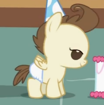 Size: 212x215 | Tagged: safe, screencap, character:pound cake, species:pony, episode:baby cakes, g4, my little pony: friendship is magic, baby, baby pony, cake, clothing, colt, cute, diaper, diapered, diapered colt, food, hat, looking down, male, one month old colt, party hat, solo, white diaper