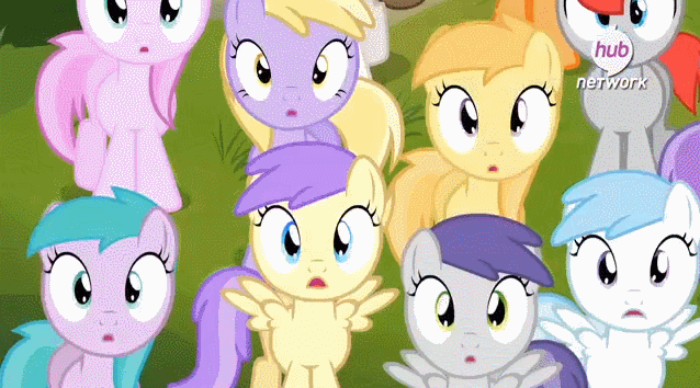 Size: 638x354 | Tagged: safe, screencap, character:alula, character:aura, character:cotton cloudy, character:dinky hooves, character:first base, character:liza doolots, character:noi, character:petunia, character:piña colada, character:pluto, character:ruby pinch, character:super funk, character:tootsie flute, character:tornado bolt, character:train tracks, episode:twilight time, g4, my little pony: friendship is magic, animated, hub logo, piña cutelada, pluto