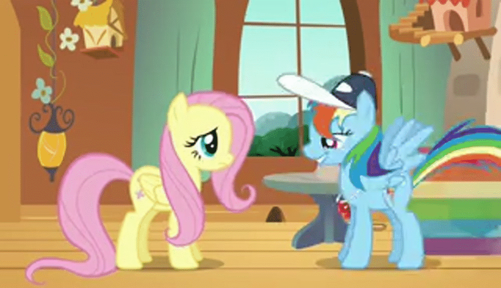 Size: 1000x575 | Tagged: safe, screencap, character:fluttershy, character:rainbow dash, episode:hurricane fluttershy, g4, my little pony: friendship is magic, animated, baseball cap, cap, clothing, coach, duo, fluttershy's cottage, hat, low quality, rainbow dashs coaching whistle, whistle, whistle necklace