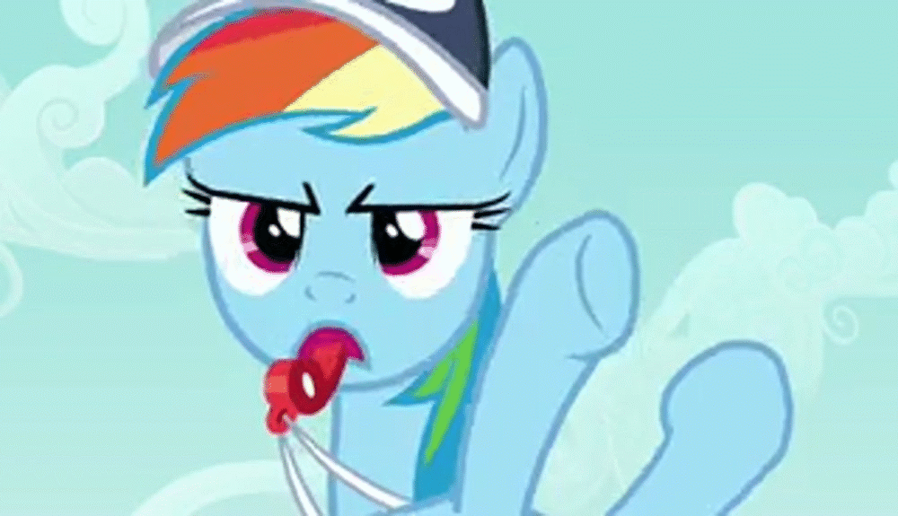 Size: 1000x575 | Tagged: safe, screencap, character:rainbow dash, episode:hurricane fluttershy, g4, my little pony: friendship is magic, animated, blowing, clothing, hat, low quality, rainblow dash, rainbow dashs coaching whistle, solo, spit, spitting, whistle, whistle necklace