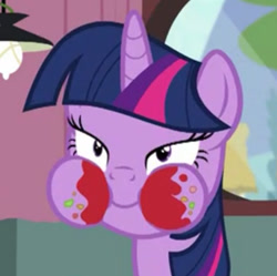 Size: 460x458 | Tagged: safe, screencap, character:twilight sparkle, character:twilight sparkle (alicorn), species:alicorn, species:pony, episode:twilight time, g4, my little pony: friendship is magic, :i, aweeg*, female, ketchup, lidded eyes, mare, messy, messy eating, puffy cheeks, smiling, solo, that pony sure does love burgers, twilight burgkle, wide eyes