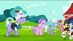 Size: 1920x1080 | Tagged: safe, screencap, character:diamond tiara, character:first base, character:noi, character:pipsqueak, character:ruby pinch, character:shady daze, character:silver spoon, character:super funk, species:earth pony, species:pony, episode:twilight time, g4, my little pony: friendship is magic, all new, colt, hub logo, hubble, male, randolph, text, the hub