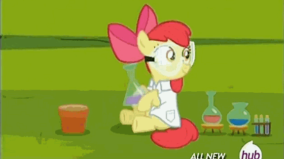 Size: 576x324 | Tagged: safe, screencap, character:alula, character:apple bloom, character:aquamarine, character:aura, character:boysenberry, character:cotton cloudy, character:diamond tiara, character:dinky hooves, character:first base, character:noi, character:peach fuzz, character:pluto, character:silver spoon, character:super funk, character:sweetie belle, character:train tracks, character:truffle shuffle, character:twist, episode:twilight time, g4, my little pony: friendship is magic, animated, apple, clothing, erlenmeyer flask, food, gallop j. fry, giant apple, goggles, hub logo, hubble, lab coat, science, the hub