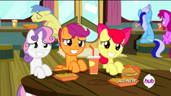 Size: 1920x1080 | Tagged: safe, screencap, character:apple bloom, character:berry punch, character:berryshine, character:goldengrape, character:minuette, character:scootaloo, character:sweetie belle, species:pegasus, species:pony, episode:twilight time, g4, my little pony: friendship is magic, cutie mark crusaders, fast food, hay burger, hub logo, magic, restaurant, table