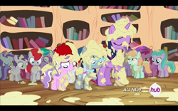Size: 1680x1050 | Tagged: safe, screencap, character:alula, character:aquamarine, character:aura, character:diamond tiara, character:dinky hooves, character:first base, character:liza doolots, character:peach fuzz, character:petunia, character:pluto, character:ruby pinch, character:silver spoon, character:super funk, character:tootsie flute, character:tornado bolt, character:train tracks, character:twilight sparkle, character:twilight sparkle (alicorn), species:alicorn, species:pony, episode:twilight time, g4, my little pony: friendship is magic, female, heidi hay, hub logo, mare, mess
