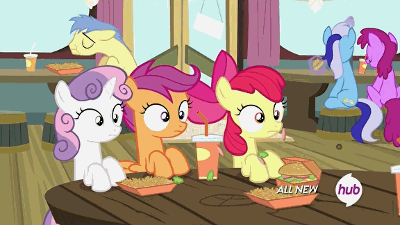 Size: 576x324 | Tagged: safe, screencap, character:apple bloom, character:berry punch, character:berryshine, character:goldengrape, character:minuette, character:scootaloo, character:sweetie belle, species:pegasus, species:pony, episode:twilight time, g4, my little pony: friendship is magic, animated, burger, cup, cutie mark crusaders, drink, eating, french fries, hay burger, hay fries, hub logo, hubble, implied twilight sparkle, levitation, magic, the hub, twilight burgkle